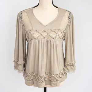 Neutral bell sleeve khaki tan flowy top details & cutouts 3/4 sleeve by POL S
